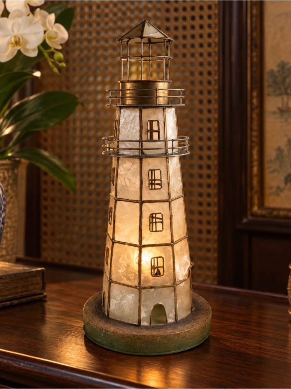 Vintage Capiz Shell Lighthouse Table Lamp Coastal Chinoiserie Nautical Decor